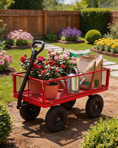 GarveeTech 400LBS Heavy Duty Steel Garden Cart, Garden Wagon Cart on Wheels, Metal Yard Utility Wagon with Removable Mesh Sides, 10" All Terrain Tires, 180° Rotating Handle for Lawn, Garden, Farm