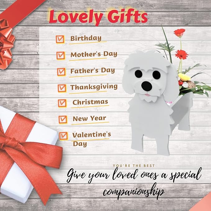 Maltese Dog Planter Pots, 9.45x 7.36 x 13.39 Inches | Dog Flower Pot, Cute Animal Shaped Plant Pot, Gifts for Women & Pet Lovers, Indoor Outdoor Garden Home Office Decor