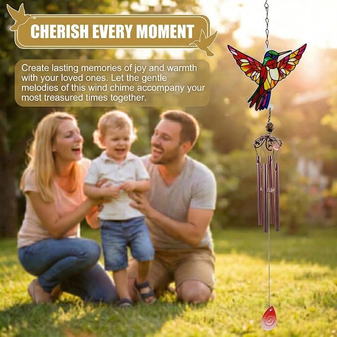 Wind Chimes for Outside, Amber Stained Glass Hummingbird Wind Chime, Deep Tone Memorial Gifts for Women Mom Grandma, Durable Metal Garden Patio Yard Window Decoration