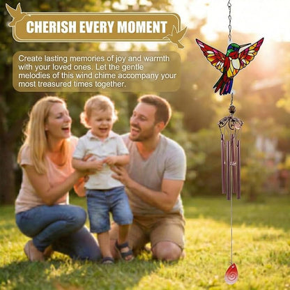 Wind Chimes for Outside, Amber Stained Glass Hummingbird Wind Chime, Deep Tone Memorial Gifts for Women Mom Grandma, Durable Metal Garden Patio Yard Window Decoration