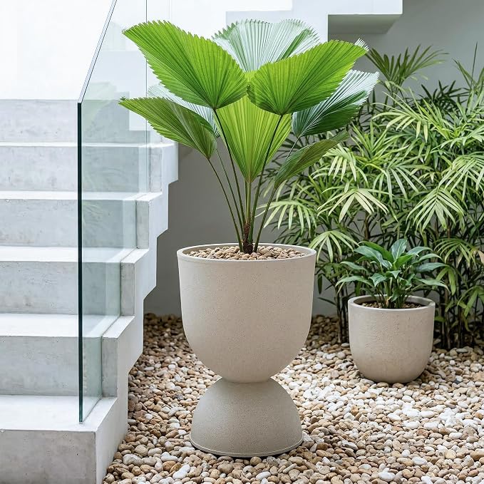 KOL Planters Flower Pots, Large Plastic Urn Planters for Indoor Outdoor Plants, Beige Pedestal Planter Pots, 23 Inch Tall Decorative Planters with Drainage Holes & Plugs for Patio Garden, 1 Pack