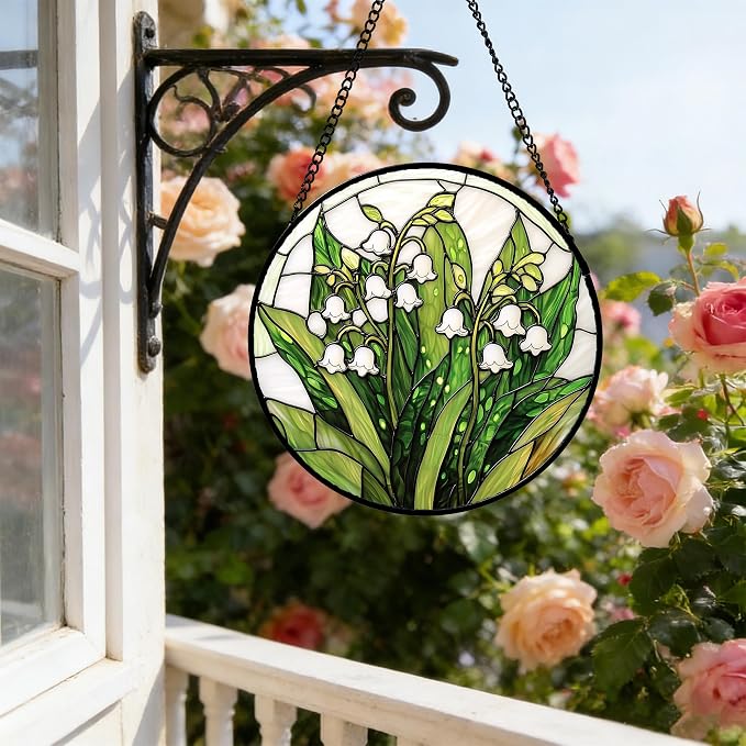 DASTOLL Stained Glass Window Hanging, Lily of the Valley Flower Sun Catchers Colorful Glass Panel Green Plants Suncatcher Decor for Birthday for Women,Men,Wife, Lovers, and Mom 7.8 in