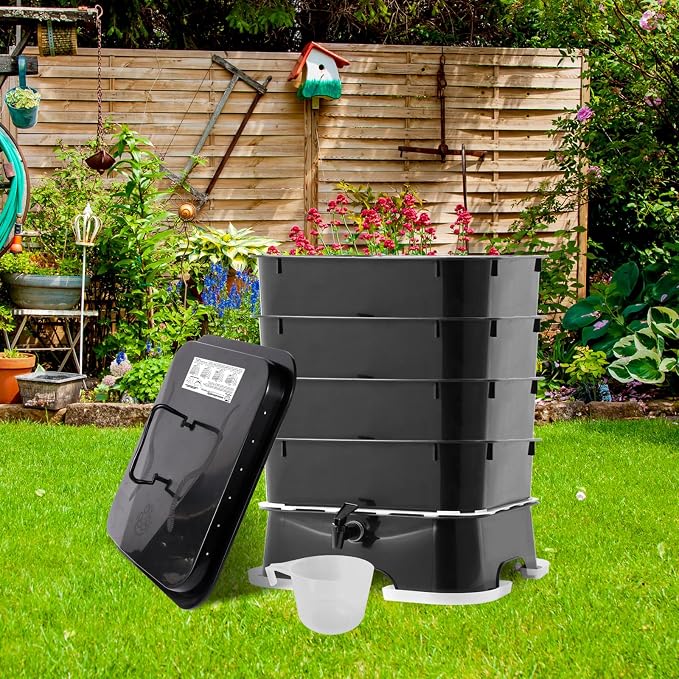 5-Tray Worm Compost Bin, Worm Composter for Outdoor & Indoor, 5-Tray ecocultivatify Wormie's Home Plus, Worm Bin Set for Recycling Household Waste (Black)
