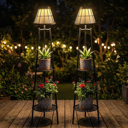 2 Pack Solar Floor Lamps Outdoor with 2-Tier Plant Stand, Metal Tall Planter Holder with Waterproof LED Lantern, Decorative Patio Light & Flower Pot Display Rack for Garden, Deck, Porch, Balcony