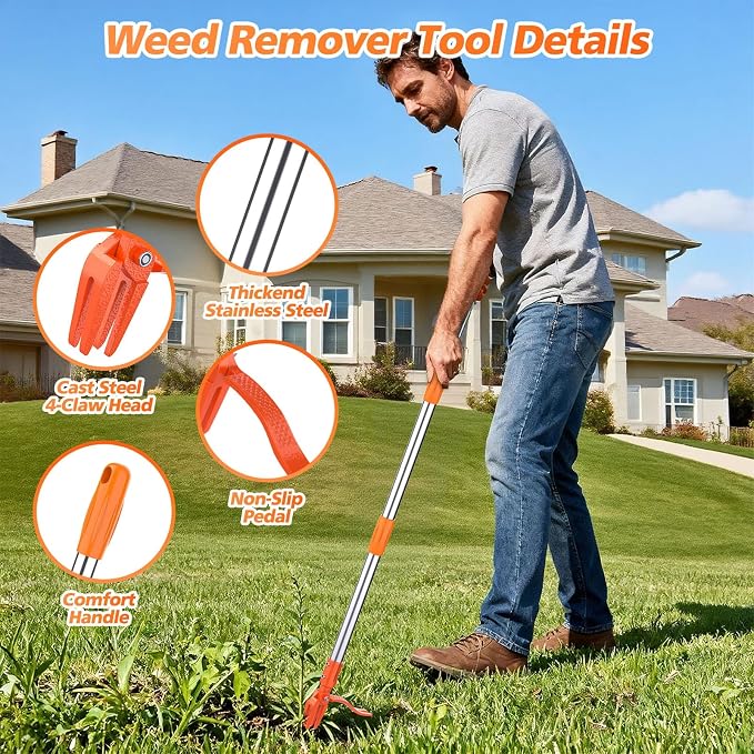 Weed Puller Tool - Stand Up Weed Remover Tool with 4-Claw Steel Head, 50" Adjustable Stainless Steel Handle Weeder Tool, Easily Remove Weeds Without Kneeling