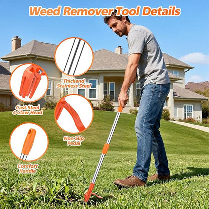 Weed Puller Tool - Stand Up Weed Remover Tool with 4-Claw Steel Head, 50" Adjustable Stainless Steel Handle Weeder Tool, Easily Remove Weeds Without Kneeling