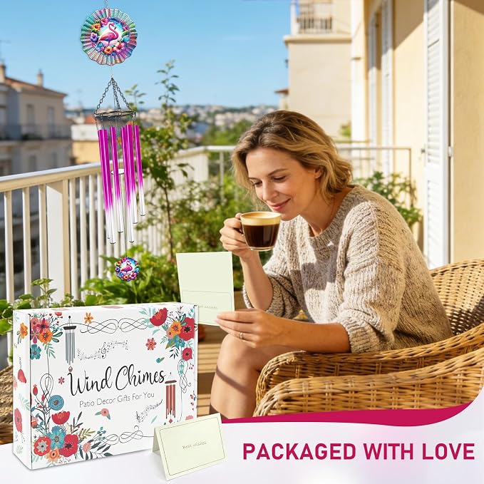 Flamingo Wind Chimes for Outside with Wind Spinner, Summer Garden Patio Yard Porch Decor, Tropical Flower Wind Chime with Colorful Gift Box, Summer Birthday Housewarming Gifts for Women Mom
