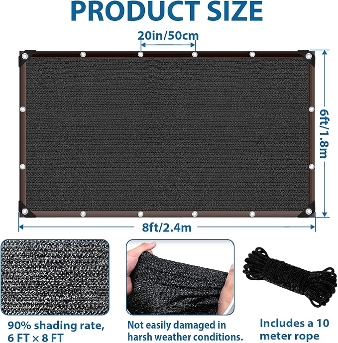 6 x 8 FT Shade Cloth -for Garden Plants, 90% Sunblock Shade Neting -for Outdoor Garden Bed Neting Mesh Pergola Patio Lawn Sun Cloth - for Dog Kennel Cover Chicken Coop