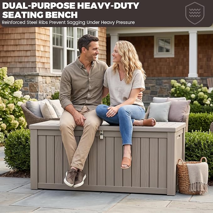 Outdoor Storage Box, 150 Gallon Waterproof Deck Box [Upgraded 3.0], Piston-Assisted Resin Trunk for Sectional Sofa Cushions, High-Capacity Lockable Double Storage Bench, Patio Lounge, Grey