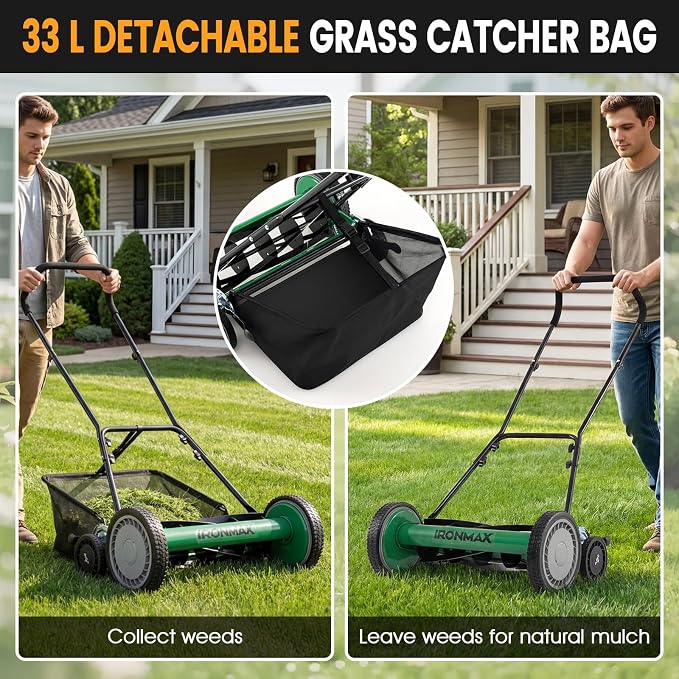Goplus 18 Inch Push Reel Lawn Mower, 5-Blade Manganese Steel Manual Grass Cutter, 4-Position Adjustable Height, Removable Grass Catcher, Quiet No-Motor Walk-Behind Mower for Yard, Lightweight