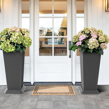 TUYOHW Set of 2 Tall Planters, 24" Large Indoor Outdoor Flower Pots with Tray, Modern Tapered Planters for Porch, Patio, Garden, Backyard
