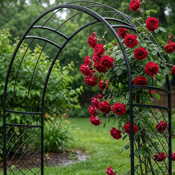 SCENDOR Metal Garden Arch with Lattice Side Panels 88.6" H x 50.8" W– Heavy-Duty Arbor for Climbing Roses, Vines, and Outdoor Patio, Lawn, Backyard, Wedding Decor (Black)