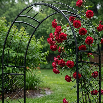 SCENDOR Metal Garden Arch with Lattice Side Panels 88.6" H x 50.8" W– Heavy-Duty Arbor for Climbing Roses, Vines, and Outdoor Patio, Lawn, Backyard, Wedding Decor (Black)