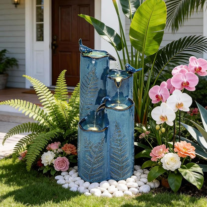 Autodaya 32" H 4-Tier Vase Ceramic Outdoor Water Fountain with LED Lights | Cascading Waterfall with Turquoise Glaze, Fern Pattern-Texture, Upgraded Pump, Bird Water Feature for Garden Patio Yard Porch