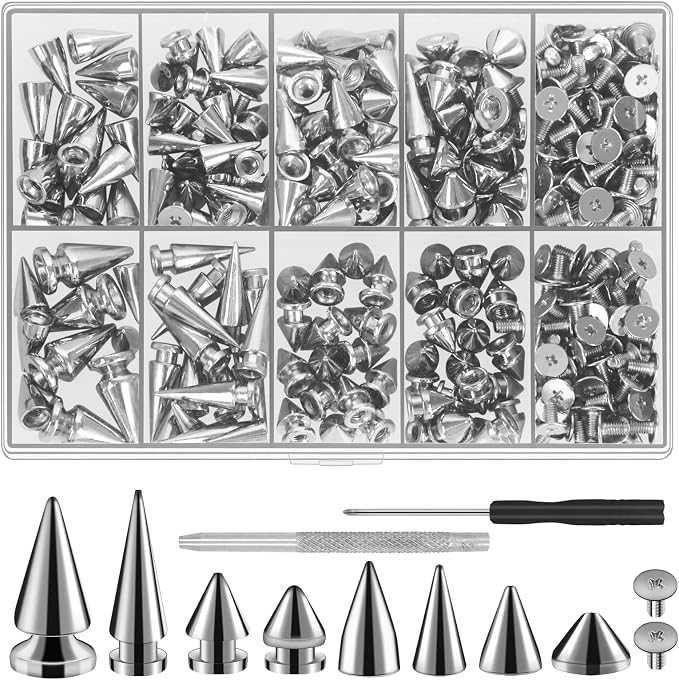 RYKOMO 354 Sets Punk Spikes and Studs Kit,Metal Tree Spikes Studs 8 Sizes, Cone Spike and Studs Rivets for Leather Craftsmanship, Punk Style Clothing, Jackets, Shoes, Belt Bags, Dog Collars