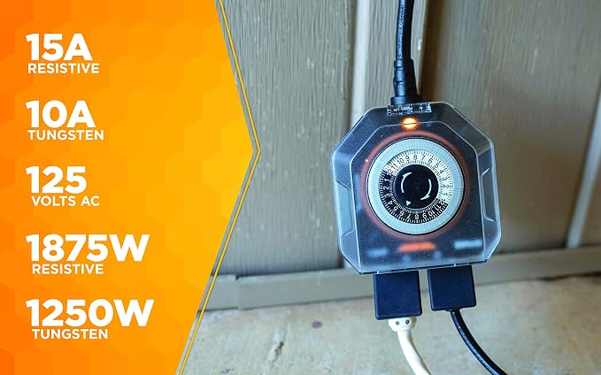 Southwire Woods Outdoor 24-Hour Mechanical Timer - Dual Grounded Outlets - Energy-Saving Power Control - Waterproof Design - Programmable Outdoor Timer - Black