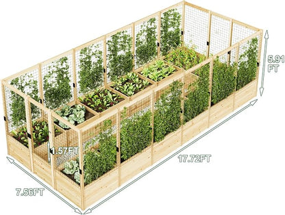 AMERLIFE Raised Garden Bed with Deer Proof Fence, 7.5Wx17Dx6H Outdoor Wooden Raised Garden Bed Planter with 19" Depth Planter Box