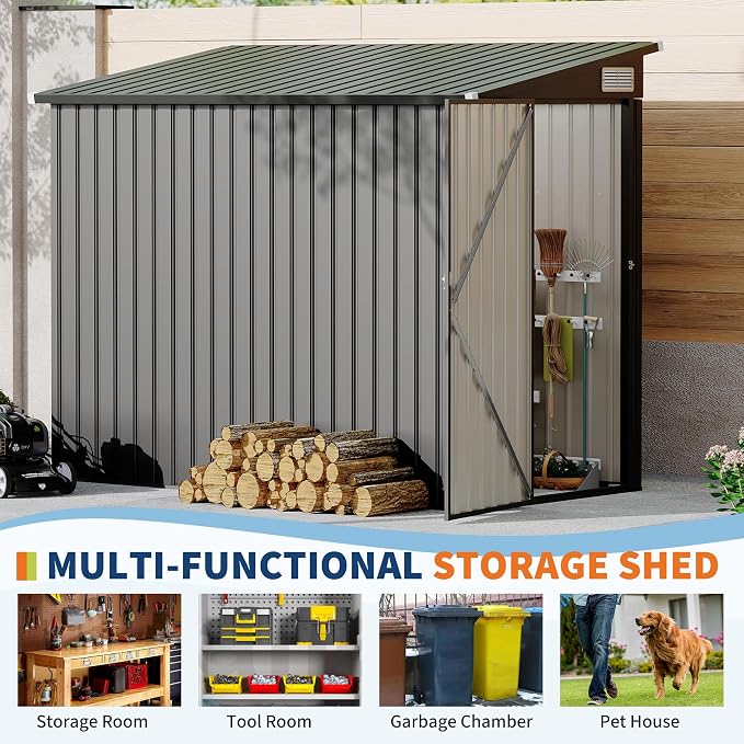 4×8 ft Lean to Storage Shed, Heavy-Duty Outdoor Metal Storage Shed, Garden Tool Metal StorageHouse W/Lockable Door and 2 Air Vents