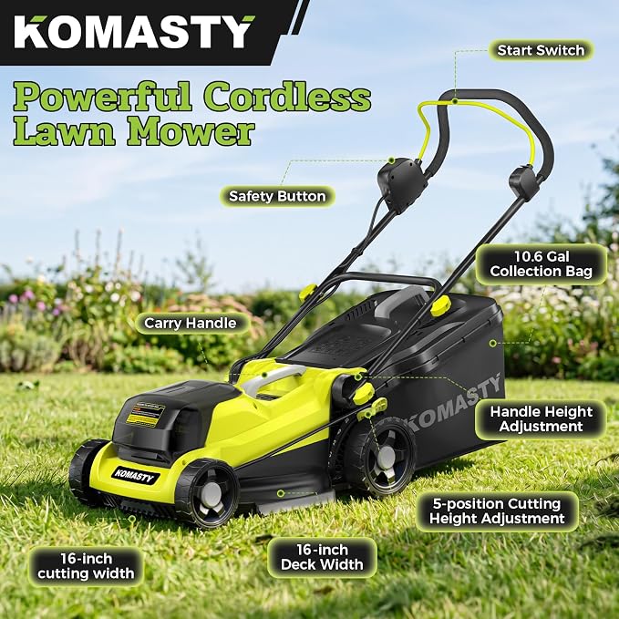 40V Electric Lawn Mower 16" Cordless Battery Powered Mower, 2 in 1 Mulching Lawnmower with 5-Position Height Adjustment 10.6 Gallon Bag, Small Push Lawn Trimmer, 2X4.0Ah Battery and 2 Chargers