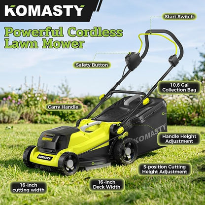 40V Electric Lawn Mower 16" Cordless Battery Powered Mower, 2 in 1 Mulching Lawnmower with 5-Position Height Adjustment 10.6 Gallon Bag, Small Push Lawn Trimmer, 2X4.0Ah Battery and 2 Chargers