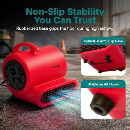 SereneLife Air Mover Blower Fan 1000 CFM – Powerful High Performance 3-Speed Fan for Floor & Carpet Drying, Portable Floor Fan w/Adjustable Tilt, Plug Multiple Units for Home Garage & Restoration Use