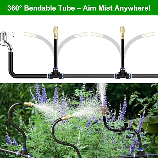 50FT Drip Irrigation System for Garden – Automatic Watering Kit with Solid Brass Metal Connectors, 360° Bendable Tubing &16 Adjustable Nozzles for Greenhouse, Lawn, Yard & Plants