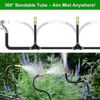 50FT Drip Irrigation System for Garden – Automatic Watering Kit with Solid Brass Metal Connectors, 360° Bendable Tubing &16 Adjustable Nozzles for Greenhouse, Lawn, Yard & Plants