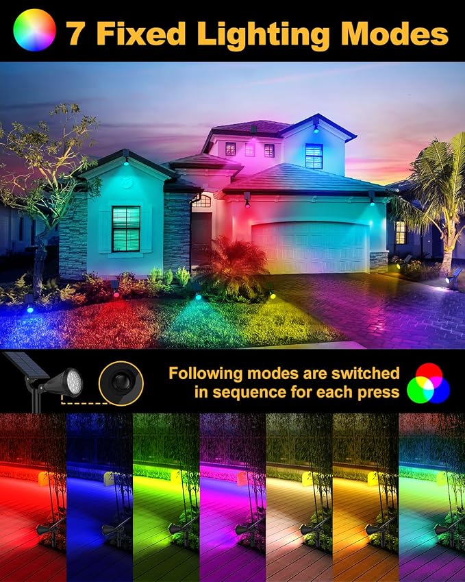 Solar Spot Lights Outdoor Color Changing, 7 Modes/14 LED Outdoor Solar Lights for Yard, Waterproof RGB Multicolor Solar Landscape Spotlights Auto On/Off for Flood, Yard, Tree, Pathway, 8 Pack