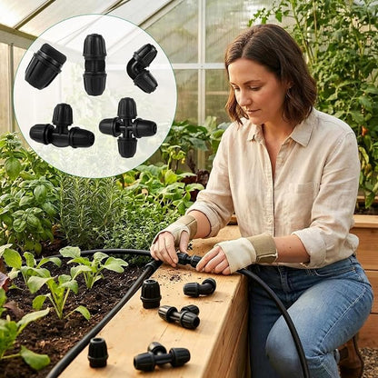 70 Pcs 1/4 Inch Drip Irrigation Fittings Kit,Drip Irrigation Hose Connector for 1/4 Inch Drip Tubing with 25 End Plugs, 15 Tees,10 Straight Couplings,10 Elbows,10 Cross 4-Way Connector