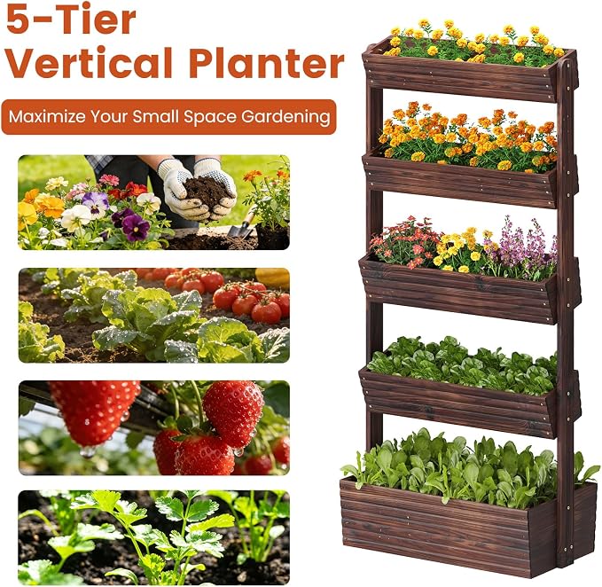 GHWIE Wooden Garden Planter Box, Raised Bed with Vertical Plant Rack, Indoor Outdoor Flower Herb Vegetable Stand (Carbonized, 5 Tier)