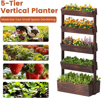 GHWIE Wooden Garden Planter Box, Raised Bed with Vertical Plant Rack, Indoor Outdoor Flower Herb Vegetable Stand (Carbonized, 5 Tier)