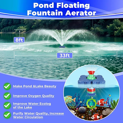 Pond Fountain Aerator Floating with Time Controller for Outdoor Large Ponds | AC110V 1HP 750W with 15000 GPH Aeration System Aerating Fountain Pump for Outdoor Ponds & Lakes with 15A/100FT Power Cord