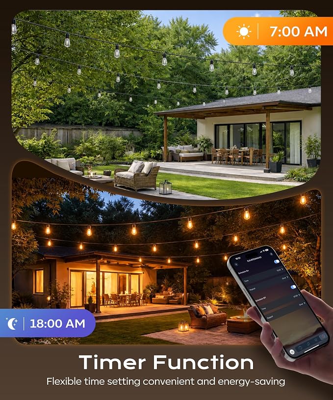 Outdoor String Lights 100FT Patio Lights for Outside Outdoor Ceiling Porch Light, Smart App andRemote with Timer Dimmable 4 Scene Modes Waterproof LED Bulbs for Garden Yard and Backyard Decor