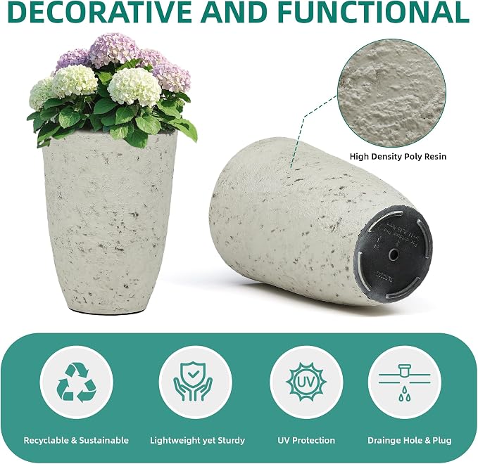 Autodaya 19.5" Resin Tall Planters for Outdoor Plants, Set of 2 Flower Pots | Country White Large Outdoor Planters With Birch Bark Texture, Heavy-Duty, Weather-Resistant For Year Round Indoor Outdoor Use