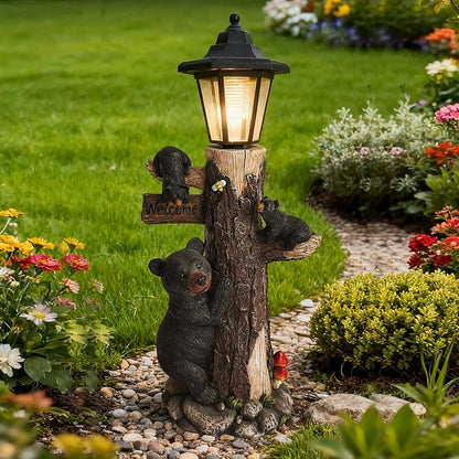 Solar Black Bear Family Garden Statue with Welcome Sign – 19" Hand-Painted Resin Bear Cubs Climbing Tree, Auto On/Off LED Light, Outdoor Yard Lawn Patio Decor, Housewarming Christmas Birthday Gift