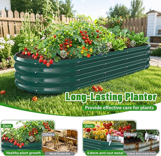 Oval Raised Garden Bed, 5 x 2 x 1FT, Galvanized Steel Planter Box with Wave-Shaped Metal Panels Painted for Outdoor Flower,Tree,Herb & Vegetable Garden (Green, 60X24X12 inches)