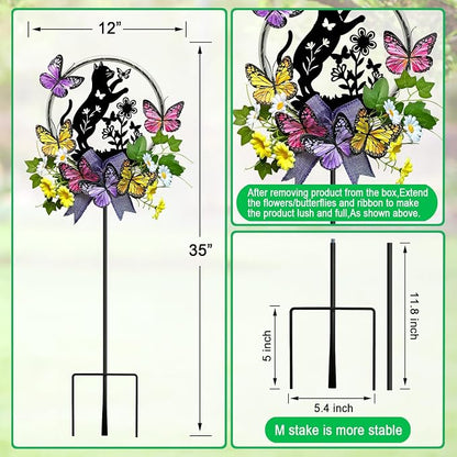 Cat Solar Lights Outdoor Garden,Silhouette Cat with Butterflies Waterproof Garden Stake for Yard, Lawn,Best Gifts for Women