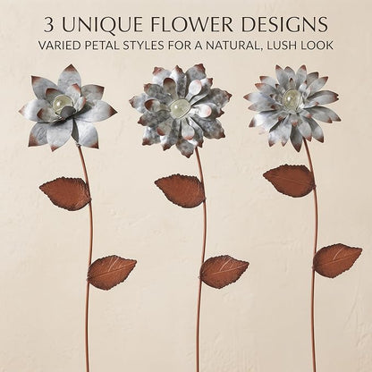Glow in The Dark Flower Garden Stakes, 3 Pack Colorful Luminous Metal Yard Decor, 14 Inch Outdoor Night Glow Floral Stakes for Lawn, Patio, Flower Beds & Planters