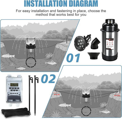 Goldlife Pond Fountain Aerator, F3 With 4 RGB Lights, 1HP 750W 110V Stainless Steel Floating Fountain With 100FT Power Cord Black Octagon Aerating Fountain Pump for Small Large Pond Lake