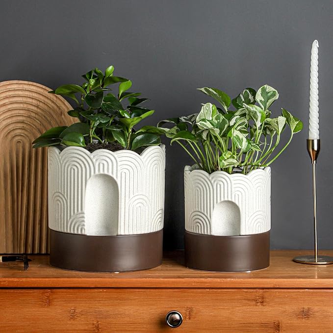 Nihow Self Watering Plant Pot Set: 6 Inch & 8 Inch Ceramic Planter with Drainage Hole & Water Storage Plus - Relief Design Self Watering Pot for Indoor Plants - Beige & Brown Flower Pot -Set of 2 | Visible Water Level Fill Port,Planter with Cotton Wick...