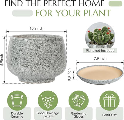 10.3 Inch Flower pots for Indoor Outdoor Plants with Saucer Drainage Leak-Proof Mesh, Ceramic Planter with Gardening Gloves for Succulent and Flower (Gray White)