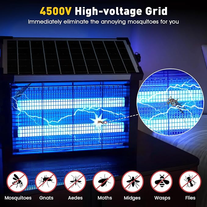 Solar Bug Zapper Outdoor, 4500V Solar Mosquito Zapper Outdoor Waterproof, 1/2 Acre Coverage Rechargeable Electric Fly Zapper, Cordless Portable Mosquito Traps for Backyard, Patio, Camping, Indoor