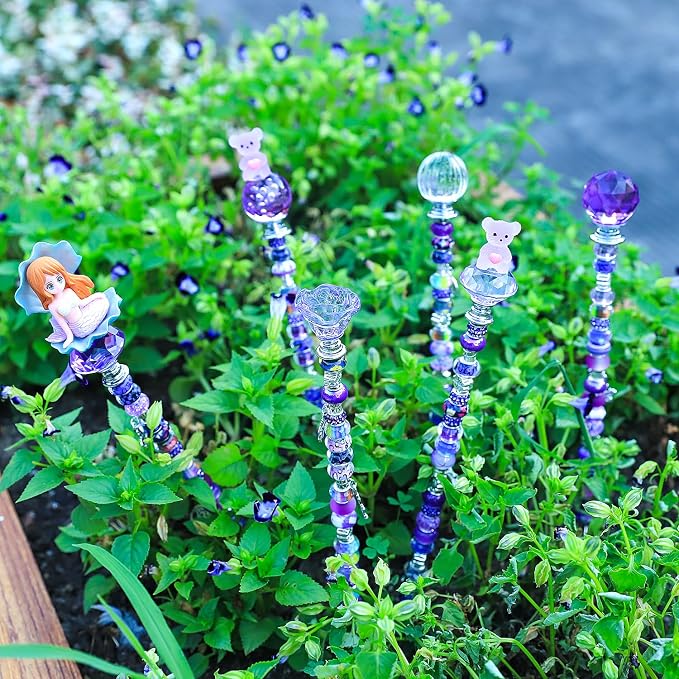 AIPRIDY DIY Crystal Beaded Fairy Wand Garden Stakes Kit, Colorful Decorative Wands with Assembly Guide, 12 or 10 Inch Threaded Rods,Outdoor Garden Decoration Set (158, Purple+Hybrid Top)
