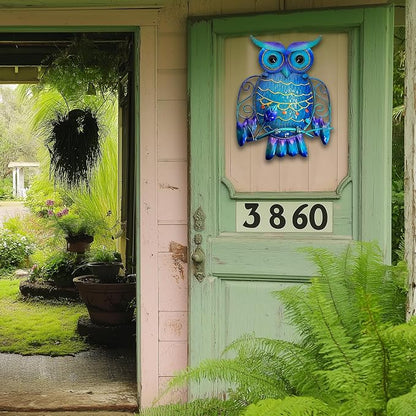 LIFFY Metal Owl Wall Decor - Cute Colorful Outdoor Wall Art - Glass Hanging Garden Decor for Patio, Porch or Door, Owl Gifts for Women