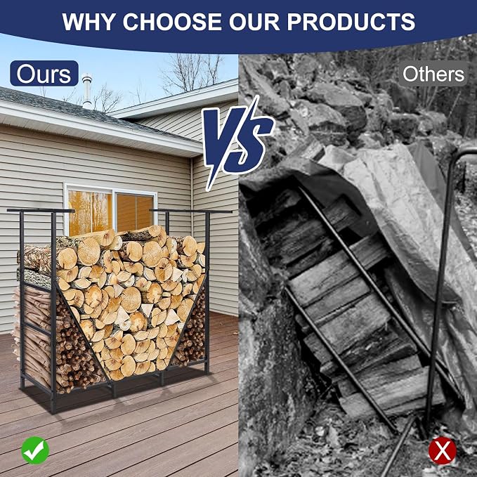 HONEST OUTFITTERS 4ft Firewood Rack Outdoor, Adjustable Heavy Duty Firewood Holder, Adjustable Wood Racks for Outdoor Indoor, Metal Log Racks for Firewood with Firewood Bag Carrier, Black