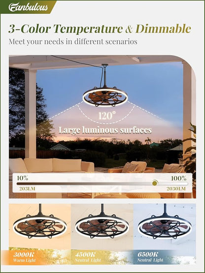Fanbulous Outdoor Ceiling Fans with Light for Patios, 24" Weatherproof Plug in Ceiling Fan, Gazebo Fan Remote&APP Control, 3CCT Dimmable, Caged Ceiling Fan with Hanging Hook for Porch, Pergola, Canopy