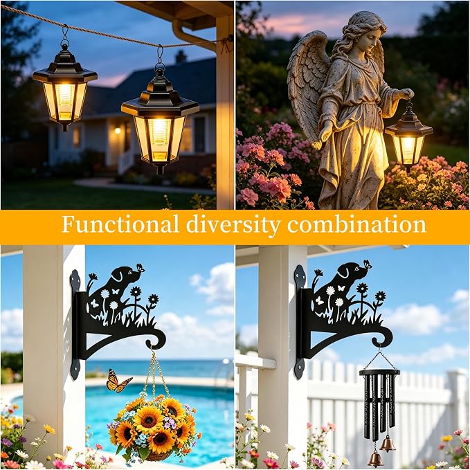 VOOKRY Solar Wall Lanterns Outdoor, Waterproof 2 Pack Hanging Lights with Dog Hooks, Wall Mount Sconce with 3 Solar Panels for Patio Porch Yard Garden Decor, Dusk to Dawn 2700K Warm White