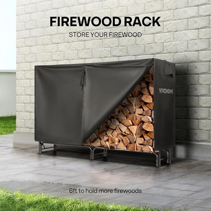 VIVOHOME 6ft Heavy Duty Indoor Outdoor Firewood Storage Log Rack with Cover Combo Set Black