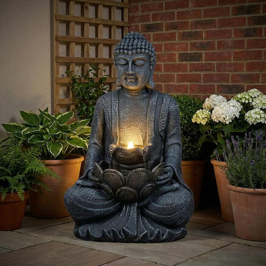 28'' Zen Buddha Water Fountain with LED Light and Pump, 2 Tier Polyresin Meditating Buddha Outdoor Fountain, Lighted Waterfall Statue for Garden Patio Backyard Indoor Decor