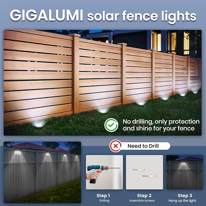 GIGALUMI Solar In-Ground Fence Lights - No-Drill Fence Lighting Solution, Waterproof Perimeter Lights Compatible with Wood, Metal & Concrete Fences (16 Pack Cool White)